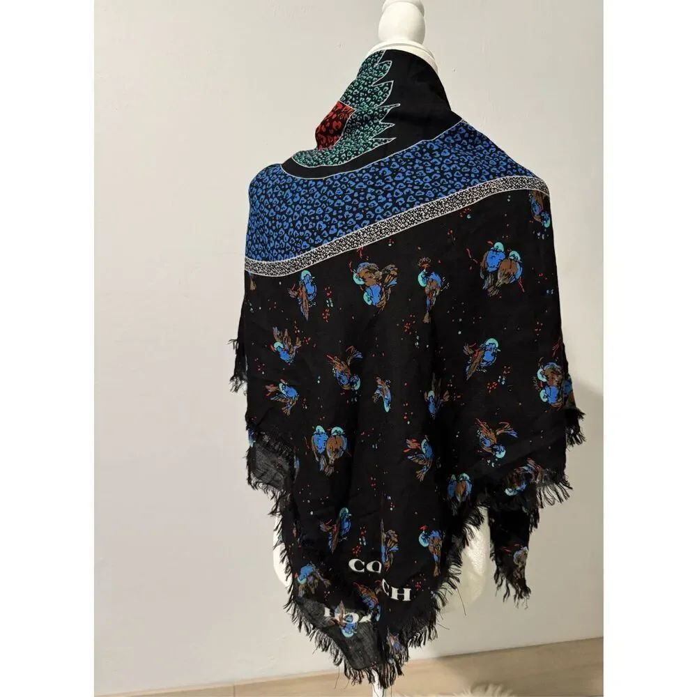 COACH bright Bird print patch scarf wool large square fringe on edges
